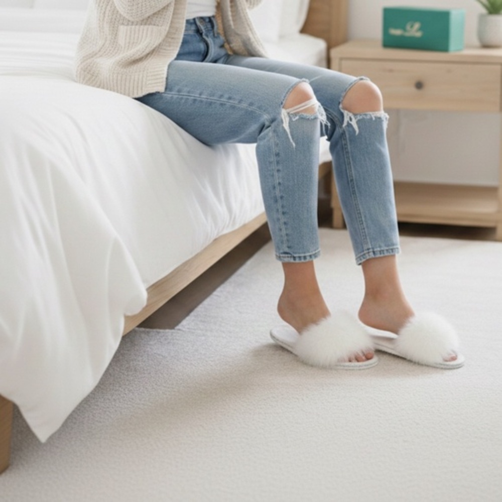 Lauren Lorraine Fluffy White Fur Slippers